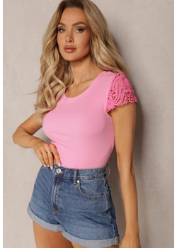 Różowy  Prążkowany Top z Koronkowymi Aplikacjami Velsia ze sklepu Renee odzież w kategorii Bluzki damskie - zdjęcie 169507973