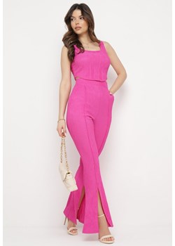 Różowy Elegancki Komplet Prążkowany z Topem i Spodniami Dzwony Laneri ze sklepu Born2be Odzież w kategorii Komplety i garnitury damskie - zdjęcie 169508844