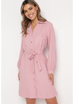 Różowa Rozkloszowana Sukienka Koszulowa z Wiązanym Paskiem Vinala ze sklepu Born2be Odzież w kategorii Sukienki - zdjęcie 169508981