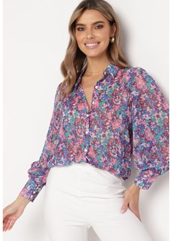 Niebiesko-Różowa Koszula w Kwiaty z Bufiastymi Rękawami Morwenia ze sklepu Born2be Odzież w kategorii Koszule damskie - zdjęcie 169539801