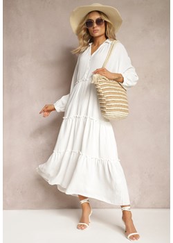Biała Długa Sukienka z Koszulową Górą i Rozkloszowanym Odcinanym Dołem Iremita ze sklepu Renee odzież w kategorii Sukienki - zdjęcie 169543514