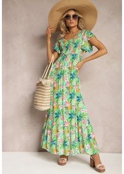 Zielona Długa Sukienka w Kwiaty z Gumką w Pasie Liumbia ze sklepu Renee odzież w kategorii Sukienki - zdjęcie 169543624