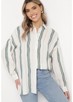 Beżowo-Zielona Bawełniana Koszula w Paski o Luźnym Kroju Lievan ze sklepu Born2be Odzież w kategorii Koszule damskie - zdjęcie 169552943