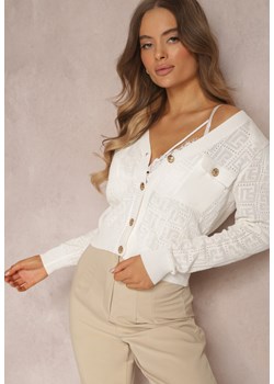 Biały Kardigan na Guziki w Geometryczny Wzór Zilfe ze sklepu Renee odzież w kategorii Swetry damskie - zdjęcie 169590212