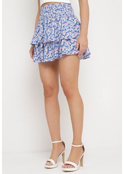 Niebieska Rozkloszowana Spódnica Mini w Kwiaty z Falbankami Arial ze sklepu Born2be Odzież w kategorii Spódnice - zdjęcie 169603141