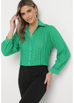 Zielona Koszula Ozdobiona Delikatnym Haftem w Rustykalnym Stylu Nersia ze sklepu Born2be Odzież w kategorii Koszule damskie - zdjęcie 169603210