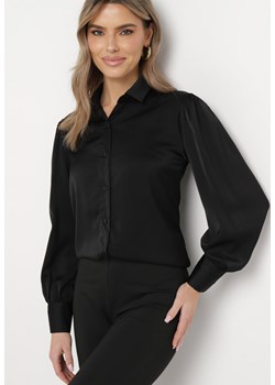Czarna Satynowa Koszula z Szerokimi Rękawami i Guzikami Buroria ze sklepu Born2be Odzież w kategorii Koszule damskie - zdjęcie 169603250