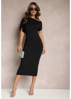 Czarna Dopasowana Sukienka Midi o Asymetrycznym Kroju Lirevasse ze sklepu Renee odzież w kategorii Sukienki - zdjęcie 169608012