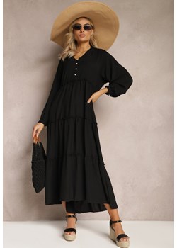 Czarna Długa Sukienka z Koszulową Górą i Rozkloszowanym Odcinanym Dołem Iremita ze sklepu Renee odzież w kategorii Sukienki - zdjęcie 169608072