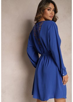 Granatowa Mini Sukienka Rozkloszowana z Koronkową Aplikacją i Paskiem Ailetras ze sklepu Renee odzież w kategorii Sukienki - zdjęcie 169608084