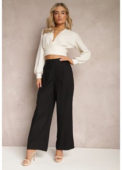 Czarne Szerokie Spodnie z Lnem z Gumką w Talii Airelttis ze sklepu Renee odzież w kategorii Spodnie damskie - zdjęcie 169608092