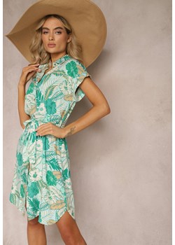 Zielono-Niebieska Sukienka Koszulowa z Materiałowym Paskiem w Kwiaty Kumelia ze sklepu Renee odzież w kategorii Sukienki - zdjęcie 169608152