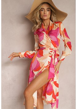 Różowo-Beżowa Rozkloszowana Sukienka Midi z Kopertowym Dekoltem z Paskiem i Abstrakcyjnym Wzorem Orabella ze sklepu Renee odzież w kategorii Sukienki - zdjęcie 169608220