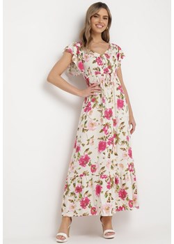 Jasnobeżowa Rozkloszowana Sukienka Maxi z Wiskozy w Kwiatowy Print Unadis ze sklepu Born2be Odzież w kategorii Sukienki - zdjęcie 169616502