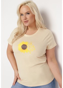 Beżowy Bawełniany T-shirt z Nadrukiem na Przodzie Galamella ze sklepu Born2be Odzież w kategorii Bluzki damskie - zdjęcie 169616693