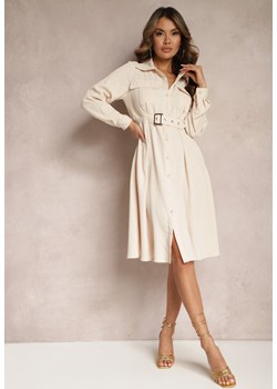 Beżowa Koszulowa Sukienka Midi z Paskiem w Komplecie Neboa ze sklepu Renee odzież w kategorii Sukienki - zdjęcie 169628901