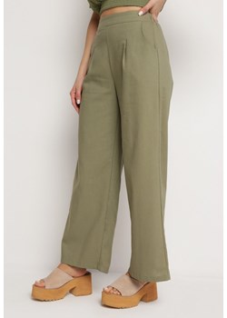 Zielone Szerokie Spodnie z Gumką w Talii z Lnem Araniells ze sklepu Born2be Odzież w kategorii Spodnie damskie - zdjęcie 169629240