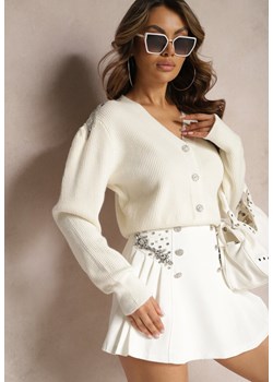 Biały Kardigan z Wiskozy z Ozdobnymi Cyrkoniami i Guzikami Acintia ze sklepu Renee odzież w kategorii Swetry damskie - zdjęcie 169641181
