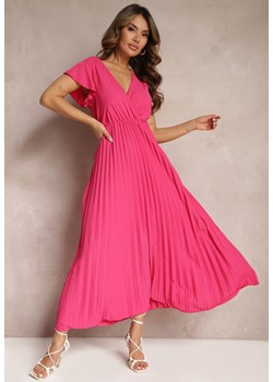 Fuksjowa Plisowana Sukienka Maxi o Rozkloszowanym Kroju z Kopertowym Dekoltem Ofilva ze sklepu Renee odzież w kategorii Sukienki - zdjęcie 169641464