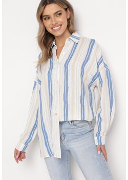 Beżowo-Niebieska Bawełniana Koszula w Paski o Luźnym Kroju Lievan ze sklepu Born2be Odzież w kategorii Koszule damskie - zdjęcie 169645791