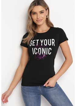 Czarny Bawełniany T-shirt z Ozdobnym Napisem i Cekinami Oriella ze sklepu Born2be Odzież w kategorii Bluzki damskie - zdjęcie 169645930