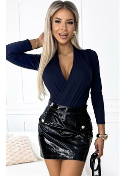 Granatowe kopertowe body damskie elegancka bluzka 375-8, Kolor granatowy, Rozmiar L, Numoco ze sklepu Primodo w kategorii Body damskie - zdjęcie 169655693