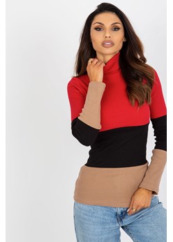 Czerwono-camelowa bluzka basic z golfem w prążek ze sklepu 5.10.15 w kategorii Bluzki damskie - zdjęcie 169685623
