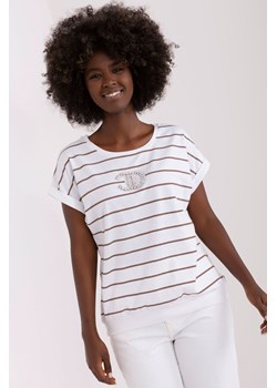 Ecru-brązowa bluzka damska w paski z aplikacjami ze sklepu 5.10.15 w kategorii Bluzki damskie - zdjęcie 169686094