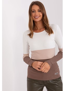 Ecru-brązowa bluzka basic w prążek z długimi rękawami ze sklepu 5.10.15 w kategorii Bluzki damskie - zdjęcie 169689174