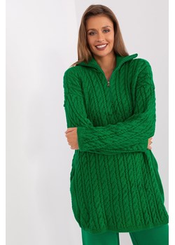 Długi sweter z warkoczami i suwakiem zielony ze sklepu 5.10.15 w kategorii Swetry damskie - zdjęcie 169694431