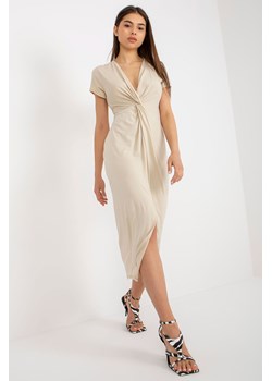 Beżowa sukienka koktajlowa z krótkim rękawem ze sklepu 5.10.15 w kategorii Sukienki - zdjęcie 169694912