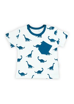 Biały t-shirt niemowlęcy bawełniany z kieszonką- niebieskie dinozaury ze sklepu 5.10.15 w kategorii Koszulki niemowlęce - zdjęcie 169697964