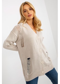 Beżowy luźny sweter rozpinany z dziurami RUE PARIS ze sklepu 5.10.15 w kategorii Swetry damskie - zdjęcie 169702200
