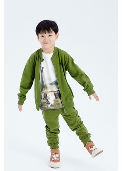 Zielone dresowe spodnie slim dla chłopca z dinozaurem ze sklepu 5.10.15 w kategorii Spodnie chłopięce - zdjęcie 169703033