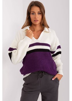 Ecru-fioletowy sweter oversize z kołnierzem ze sklepu 5.10.15 w kategorii Swetry damskie - zdjęcie 169708971