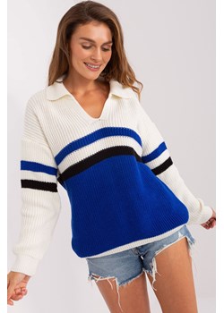 Ecru-kobaltowy sweter oversize kołnierzem ze sklepu 5.10.15 w kategorii Swetry damskie - zdjęcie 169711931