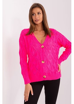 Ażurowy sweter rozpinany z dekoltem V fluo różowy ze sklepu 5.10.15 w kategorii Swetry damskie - zdjęcie 169712003