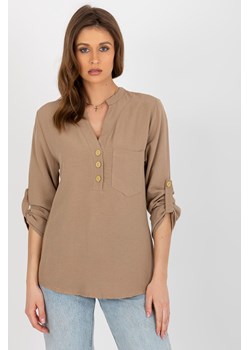 Ciemnobeżowa bluzka koszulowa z guzikami RUE PARIS ze sklepu 5.10.15 w kategorii Bluzki damskie - zdjęcie 169714364