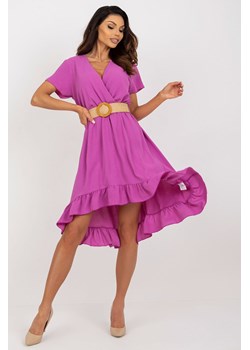 Fioletowa sukienka z falbaną i kopertowym dekoltem ze sklepu 5.10.15 w kategorii Sukienki - zdjęcie 169720150