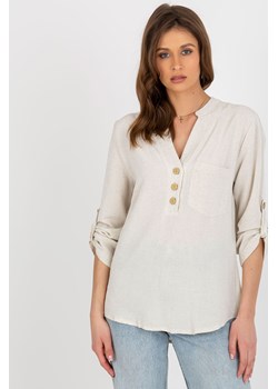 Jasnobeżowa bluzka koszulowa z kieszenią RUE PARIS ze sklepu 5.10.15 w kategorii Bluzki damskie - zdjęcie 169723263