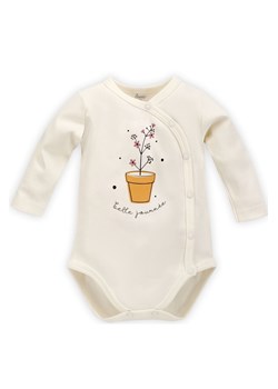 Bawełniane body niemowlęce rozpinane z długim rękawem z kwiatkiem - ecru ze sklepu 5.10.15 w kategorii Body niemowlęce - zdjęcie 169725510