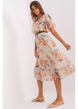 Beżowa midi sukienka w kwiaty z paskiem ze sklepu 5.10.15 w kategorii Sukienki - zdjęcie 169727371