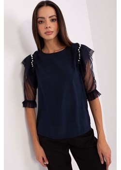 Granatowa bluzka wizytowa z rękawami z siateczki ze sklepu 5.10.15 w kategorii Bluzki damskie - zdjęcie 169728300