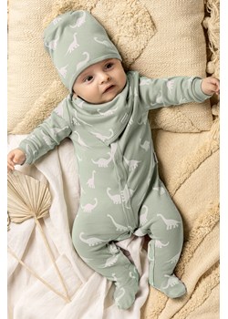 Pajac oliwkowy niemowlęcy z miękkiej bawełny - białe dinozaury ze sklepu 5.10.15 w kategorii Pajacyki - zdjęcie 169730672