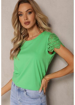 Jasnozielony T-shirt z Bawełny Ozdobiony Cekinami i Koronką Alessme ze sklepu Renee odzież w kategorii Bluzki damskie - zdjęcie 169741424