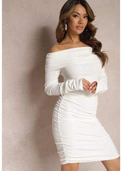 Biała Sukienka Midi z Hiszpańskim Dekoltem i Marszczeniami Pastra ze sklepu Renee odzież w kategorii Sukienki - zdjęcie 169741810