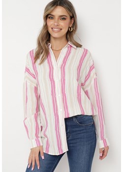 Beżowo-Fuksjowa Bawełniana Koszula w Paski o Luźnym Kroju Lievan ze sklepu Born2be Odzież w kategorii Koszule damskie - zdjęcie 169746361