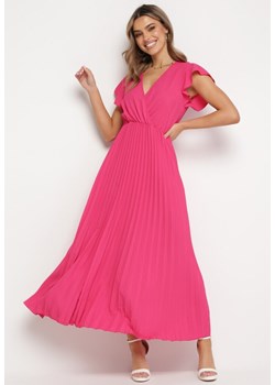 Fuksjowa Sukienka Maxi Plisowana z Kopertową Górą Rozkloszowany Fason Anelea ze sklepu Born2be Odzież w kategorii Sukienki - zdjęcie 169746860