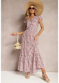 Różowa Długa Sukienka z Bawełny w Drobne Kwiaty z Falbankami i Gumką w Talii Bredaira ze sklepu Renee odzież w kategorii Sukienki - zdjęcie 169782332