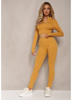Żółte Prążkowane Legginsy z Wysokim Stanem Amokka ze sklepu Renee odzież w kategorii Spodnie damskie - zdjęcie 169787011
